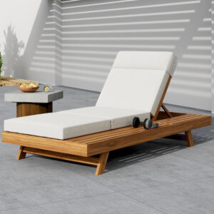 LOUNGE CHAISE SET WITH HEADREST,SPACE AVAILABLE ON ONE SIDE, ACACIA WOOD WITH WATER-RESISTANT LOUNGE CUSHIONS (CREAM & 3-FOLD & 4 inch) - MATCHING DARK GREY/BEIGE VERSION AVAILABLE