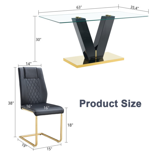 7e94aef94385492fb7eacb59d8b7bae0_c93f96b220d402efbd056c4227b3764a Table and chair set.Luxurious Tempered Glass Dining Set - 63"x35.4" with 6 Comfortable Black PU Chairs With Golden Arched Metal Legs .V-Shaped Support Design Table Leg.