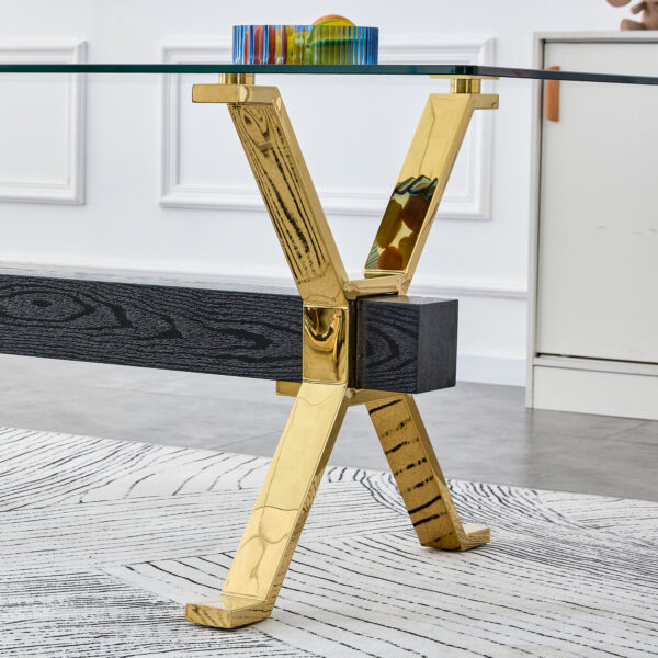 7e94e9ca15b146d395dea7fbb6f5b22b_122e7988e78b6229115643f0abb8dbf5 Dining table. Modern tempered glass dining table. Large modern office desk with gold metal legs and MDF crossbars, suitable for home and office use. Kitchen .71 ''x35.4''x30 '' 1105