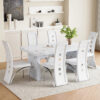 Table and chair set.63"*35.4" White Imitation Marble Pattern MDF Dining Table Set - 6 PU Chair With White Saddleback, Geometric Pattern Backrest,Silver Curved Metal Leg.Suitable For Various Scenes.