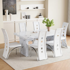 Table and chair set.63"*35.4" White Imitation Marble Pattern MDF Dining Table Set - 6 PU Chair With White Saddleback, Geometric Pattern Backrest,Silver Curved Metal Leg.Suitable For Various Scenes.
