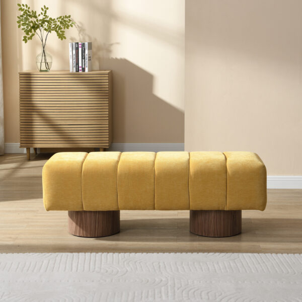 Upholstered Dining Bench for Dining Room, No-Assembly End of Bed Entryway Bench Ottoman for Bedroom Living Room, Yellow Chenille Fabric Stool Top Wood Leg 300 LBS Weight Capacity
