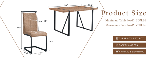 Table and chair set.A retro rectangular dining table with a wood color fishbone textured top and black metal legs.Paired With 4 Brown technology fabric chairs with Featuring arched black legs.