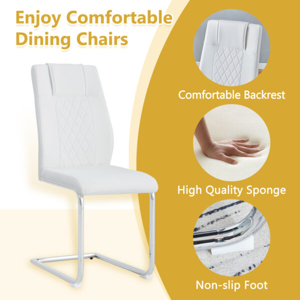 7ede149124234c73b7259c2870d06716_6261929913b34adb5c236dbc931f1592 Table and chair set.55"x31.4" Cream-Style White MDF Dining Table Set with 6 White Chairs With Silver Metal Legs.MDF Tabletop and metal frame legs.Adding a warm and gentle atmosphere to your family.