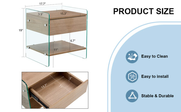 7eedf91513fa476ebc3112bb2e33ccd4_64fcc7748bef689066385c729e18c4b4 Bedside table with drawers. The board surface is MDF sticker, and both sides are transparent tempered glass. The design is simple and elegant, with excellent storage functions.