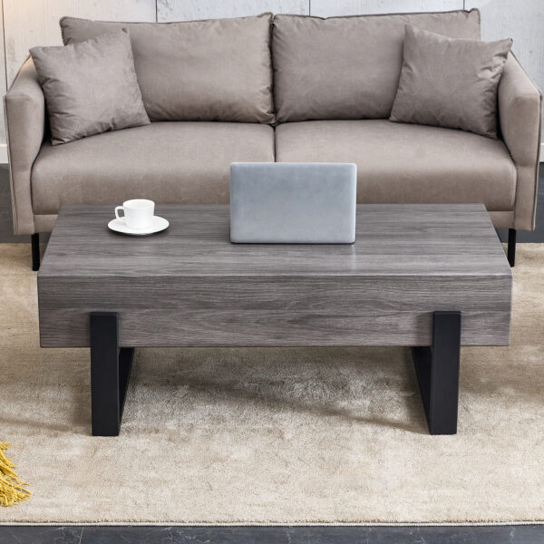 7ef1eb159ec54dd08bf3d6747c2f0eb1_20240122_4e34a16a9daad10c76250b92a6c64dab A rustic gray wood grain MDF coffee table with black metal legs - an elegant space in natural wood tones