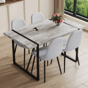 Table and chair set.A minimalist retro rectangular dining table with a specially textured top and black metal legs.Paired With 4 Light Gray Linen Fabric Chairs.Iron Pipe Spraying Chair Legs.