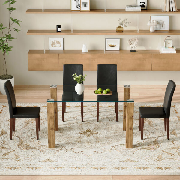 Table and chair set.A 49.6*30 Inch Transparent Tempered Glass Dining Table With Natural Wood Grain MDF Legs.Paired With 4 Black PU High Resilience Dining Chair with Walnut Color Metal Leg.