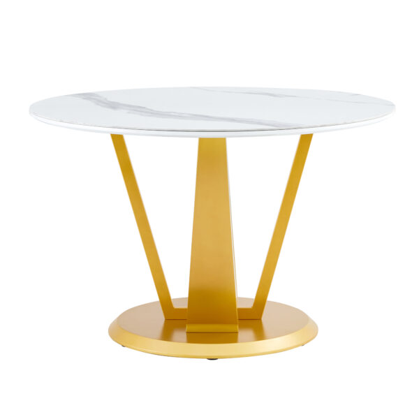 7f104d43d3bd4c53a12a97d3ea7cd1bb_afcfe26108a278395132029418dbc3fa A modern minimalist round white patterned table top measuring 48 inches in diameter with gold MDF legs. Suitable for dining and living rooms.