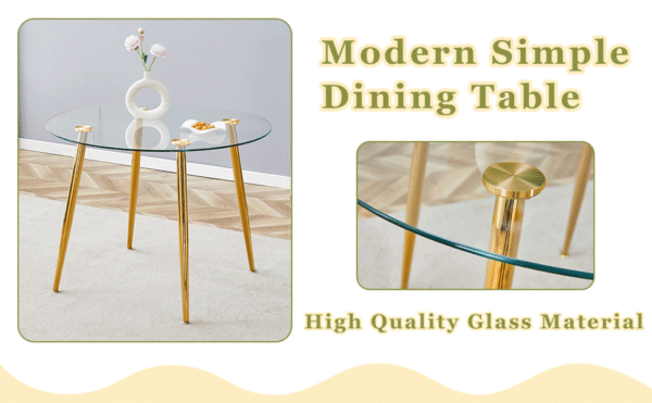Table and chair set.A 42 Inch Diameter Modern Minimalist Round Dining Table With Transparent Tempered Glass top And Golden Metal Legs,4 Black Chairs With PU Backrest And Seat Cushion.