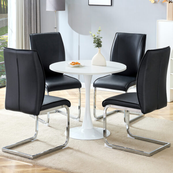 7f37be485a9e46129c4e28514a6bb88c_5fcc987e3b6c5e66666f34101097c2f4 Table and chair set.Hourglass-Shaped Stable Small Round Table -31.9" * 31.9" With 4 Soft and Comfortable Black PU Chair With Arched Metal Silver Leg.Create Your Exclusive Low-Key Luxury Space.