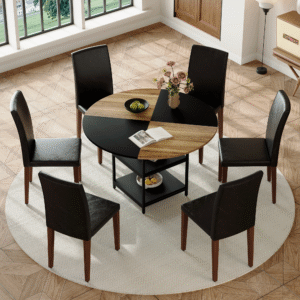 Table and chair set.A 47.3-inch diameter modern spliced color circular dining table - double-layer storage.Paired With 6 black PU dining chairs, simple and versatile, comfortable and accompanied.