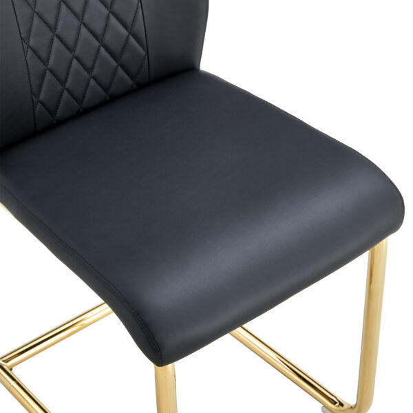 7f9ddbab611449a3a5a648ddd01e1356_d9f36c688d595d216f553c8d8378080b Table and chair set.Subtle Luxury Tempered Glass Dining Set - 63"x35.4" with 6 Black PU Chairs with golden C-tube metal leg.Arched Metal Gold Leg.White imitation marble texture sticker Tabletop.