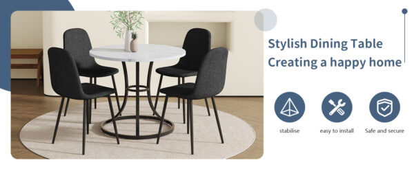 7fa46432f8774a13b511a4a52842f0a7_a23138ccacf7a1b39144a2cdbfb7dd8c Table and chair set.A Modern Minimalist Circular Dining Table With A Diameter Of 33.3 Inches.Paired With 4 Black Linen-Cotton Material High Resilience Dining Chair with Metal Black Leg.