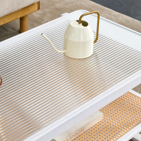 7fb6715e26444efab72ab905aca3307d_20240123_576e70994259b15b8c00dda55136d36d Modern minimalist white double layered solid wood coffee table. Glass tabletop, imitation rattan edge table. Rectangular table suitable for living room, dining room, and bedroom