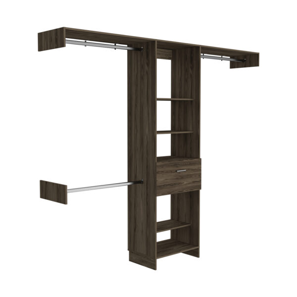 7fc599b6c1284a4a9468d1f0d5b62178_c639171f87848b39e404e1745f1872ad Cross Closet System, One Drawer, Three Metal Rod, Five Open Shelves