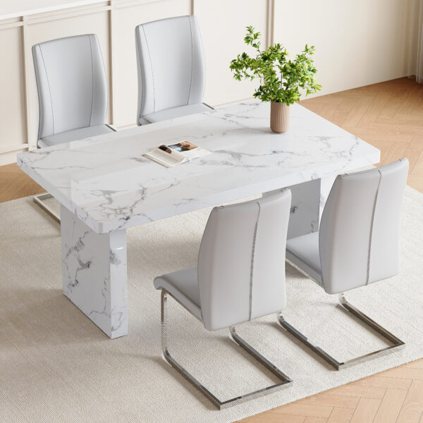 7fc95be351454486990413323fcff065_3bb19be7b97bee6b31540d6a188d1456 Table and chair set.63"*35.4" White Imitation Marble Pattern MDF Dining Table Set - 4 Soft and Comfortable Light Gray PU Chair With Arched Metal Silver Leg.Create Your Exclusive Low-Key Luxury Space.