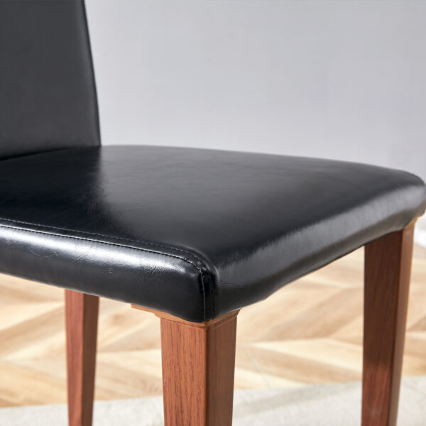 Table and chair set.A 49.6*30 Inch Transparent Tempered Glass Dining Table With Natural Wood Grain MDF Legs.Paired With 4 Black PU High Resilience Dining Chair with Walnut Color Metal Leg.