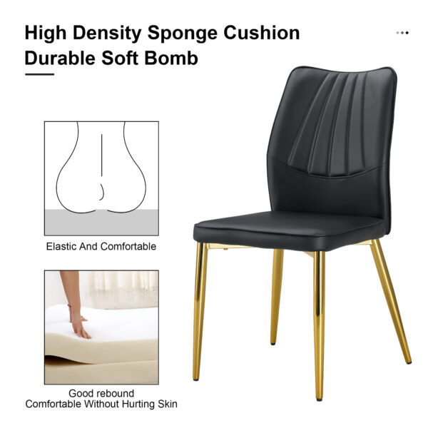 7fdcfda251334350adf724f7c609b532_20240205_0aa73dc6d91186bc0fa77cec86ea0bd1 Four black dining chairs. A medieval modern chair made of PU material with soft cushions, equipped with golden metal legs. Suitable for restaurants and living rooms