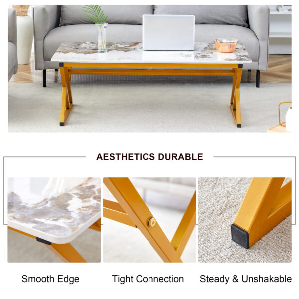 7fe18f229ed6475ab6a60bd7b3ea807c_77df585df94b346b5d2d7f7434adcee6 A coffee table is made of rock slab material, with a natural and smooth marble pattern on the surface, which complements the modern design of the golden metal legs and adds a touch of fashion.47*23.6