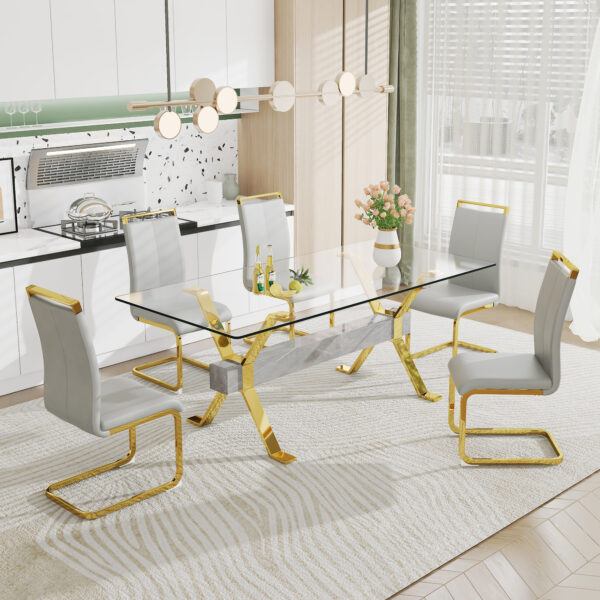 7fe4a6de7b4843ef818d89a0912d1d77_20230821_69502d38d150bd3c8c7f27906478af0c Dining table. Modern tempered glass dining table. Large modern office desk with gold plated metal legs and MDF crossbars, suitable for both home and office use. Kitchen. 79 ''x39''x30 '' 1105
