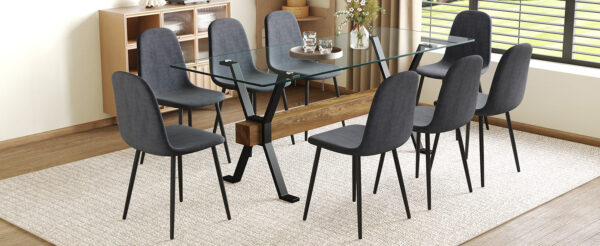7fef104d29b743389f6cb88102b1be05_4f42270ce46eade83826d76ca93c2ebf Table and chair set.79"x31.5" with X-shaped Black Metal Table Legs,Wood Grain Textured MDF Crossbeam.Paired With 8 Chairs Made Of Dark Gray Lnen Fabric.Iron pipe spraying Legs.