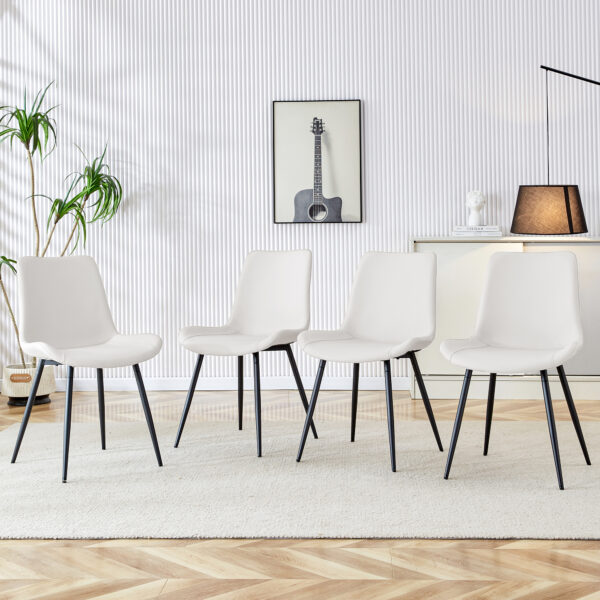800b987371b44e168e5a9a50a39c5246_9522ca4b623a57ab0855fd6700db70a7 White artificial leather backrest cushion dining chair, black metal legs, curved widened cushion design for more comfort, suitable for restaurants, kitchens, bedrooms, offices.(4 chairs) 0502