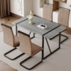 Table and chair set. Modern minimalist grey marble textured MDF dining table with metal frame.Paired with 4 brown technology fabric chairs with Featuring arched black legs.