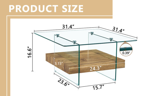 80560b3200bc4dca9319c481ef785f60_56c91f3d6191b6078ebccf7f8c4f2940 31.4 Inch Modern Two-Tier Square Coffee Table -An Elegant Combination of Clear Glass and Light Wood Texture Sticker.It can be used not only as a coffee table but also as a side table or display stand.