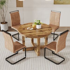A modern and practical circular dining table. Made of MDF tabletop and wooden MDF table legs. 4-piece technology cloth high backrest cushion side chair, C-shaped tube black metal legs. CT-403   C-1162