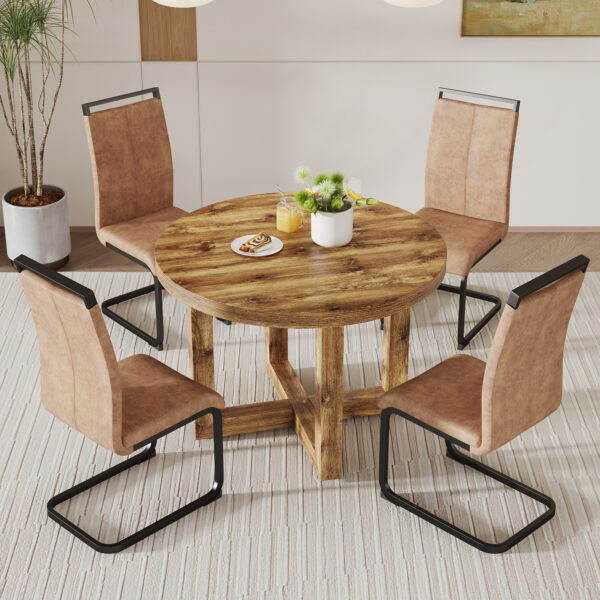 806ef1d715dc426ab83606785aa7faaf_20240222_66e4b72453cc7ca5ab9405e7f9c2199e A modern and practical circular dining table. Made of MDF tabletop and wooden MDF table legs. 4-piece technology cloth high backrest cushion side chair, C-shaped tube black metal legs. CT-403 C-1162