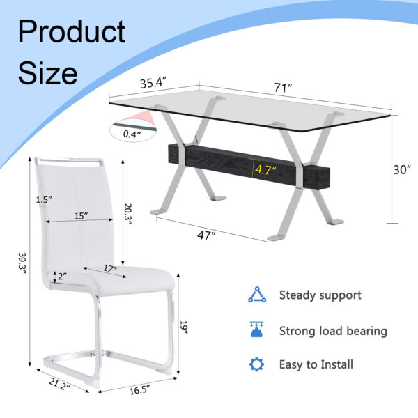 80a4f4a9245f40ccb13234394de46009_89905de42633e8be2e9af3d4934e2a2f Table and chair set.Elegant Transparent Tempered Glass Dining Set - 71"x35.4" with 8 White PU Chairs with silver C-tube metal leg.