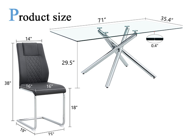 80d6c01cdcad41c2b27a545f83f101bb_4fc436f73ff99a304682b8c2029f2f01 Table and chair set.Modern Luxurious Transparent Tempered Glass Dining Table Set with 6 Chairs.Single fork silver metal table legs.Black high-quality PU dining chairs with silver metal legs.