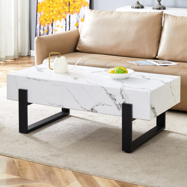 80edc56b90d641d1834eed8da551c4b3_25b1f6d78b0e9470790341bbc5c183e9 47.2"x23.6" Black and White Minimalist MDF Marble-Patterned Coffee Table.White marble pattern sticker,Black metal leg spray coating,MDF Coffee table.Showcasing a modern and simple style.