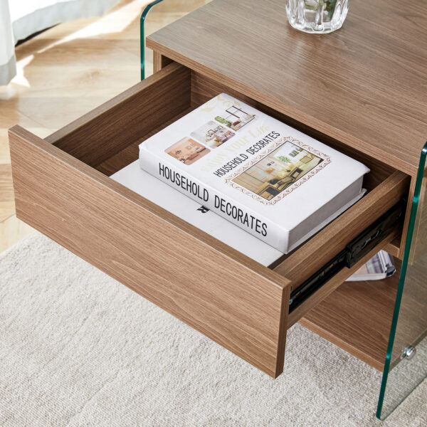 81038aeed3c74a66aee56e1d6ab62573_74ca2d6ad1646ad2a802d49ad3debfcd Bedside table with drawers. The board surface is MDF sticker, and both sides are transparent tempered glass. The design is simple and elegant, with excellent storage functions.
