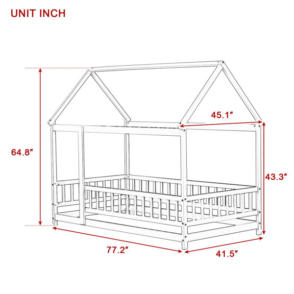 Twin Size House Floor Wooden Bed with Roof Frame,Safety Guardrails,White