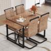 Table and chair set.A retro rectangular dining table with a wood color fishbone textured top and black metal legs.Paired With 4 Brown technology fabric chairs with Featuring arched black legs.