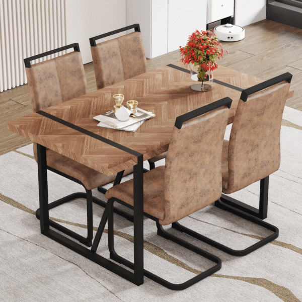Table and chair set.A retro rectangular dining table with a wood color fishbone textured top and black metal legs.Paired With 4 Brown technology fabric chairs with Featuring arched black legs.