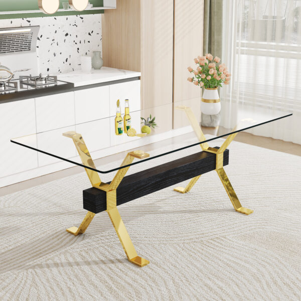 81274b9c29db47e0b1e77b85894a62e9_20230705_17870f83ac3bebdcc757e474b49b0632 Dining table. Modern tempered glass dining table. Large modern office desk with gold plated metal legs and MDF crossbars, suitable for both home and office use. Kitchen. 79 ''x39''x30 '' 1105