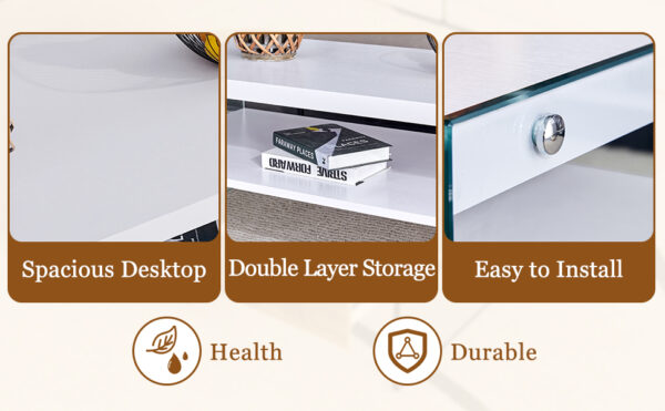 Double rectangular coffee table. The board surface is MDF, with white stickers, and both sides are transparent tempered glass. Suitable for living room, bedroom and other occasions.