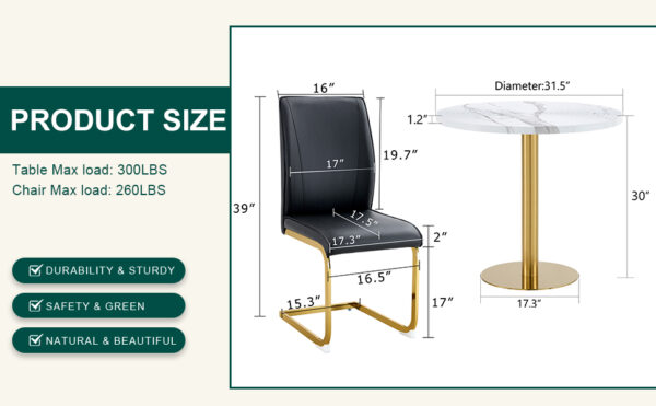 8136048397854d5c81aedd3f915a18e0_6d17fd1e33925634fa9507b908e79111 Table and chair set.31.5 Inch Elegant White Marble Pattern Round Dining Table - Suction Molding Annular Texture.Paired With 2 Black PU Material High Resilience Dining Chairs.