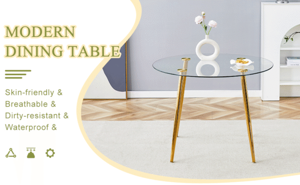 813c3aee100b46eeb8553b6e8eb2b9c9_1380fa777b5a72cd2dd3eb3efbbf0608 Round dining table with glass top, gilded metal legs, exquisite living, starting from the details, the gold legs show an extraordinary texture, which is the finishing touch to your home