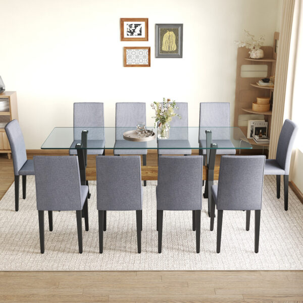 815b757308ec4f8e8c7fd5bc46a29e52_411b2f703fb4983b265abb7d4f105480 Table and chair set.79"x31.5" Inch Tempered Glass Tabletop With X-shaped Black Metal Table Legs,Wood Grain Textured MDF Crossbeam.Paired With 10 Light Gray Linen-Cotton Dining Chairs.