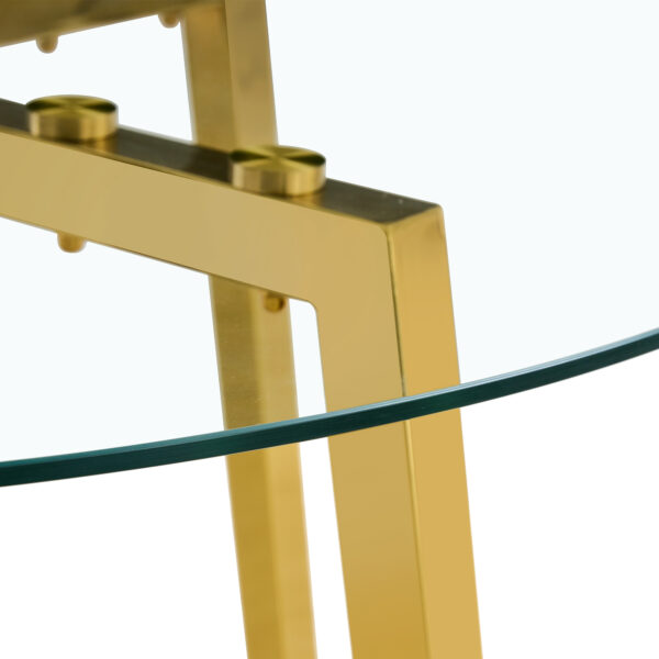 8177d841adfb481abb50302a934c4c54_11390af14ade865204c378e81473e4f7 Modern Luxurious Round Tempered Glass Dining Table with Gold 7-Shaped Metal Legs,suitable for family meals, office conferences, or as a casual coffee table for various occasions.47.3*47.3*29.5