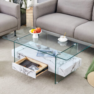 43.3 Inch Modern Two-Tier Coffee Table - Clear Tempered Glass and White Marble Texture, Multifunctional Storage Design.The bottom tier includes a drawer.Can be used as a coffee table,side table,etc.