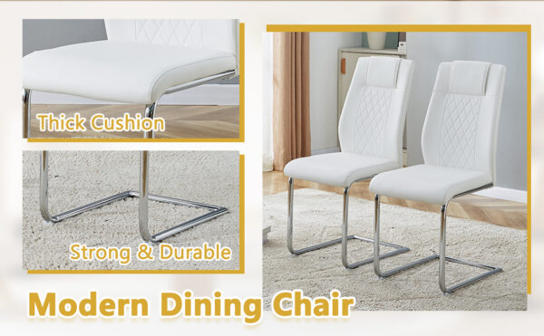 818147090eda448bbc028d0e090711f3_446b3abaadc2b7d65da50b2bf596998f Table and chair set.55"x31.4" Cream-Style White MDF Dining Table Set with 6 White Chairs With Silver Metal Legs.MDF Tabletop and metal frame legs.Adding a warm and gentle atmosphere to your family.