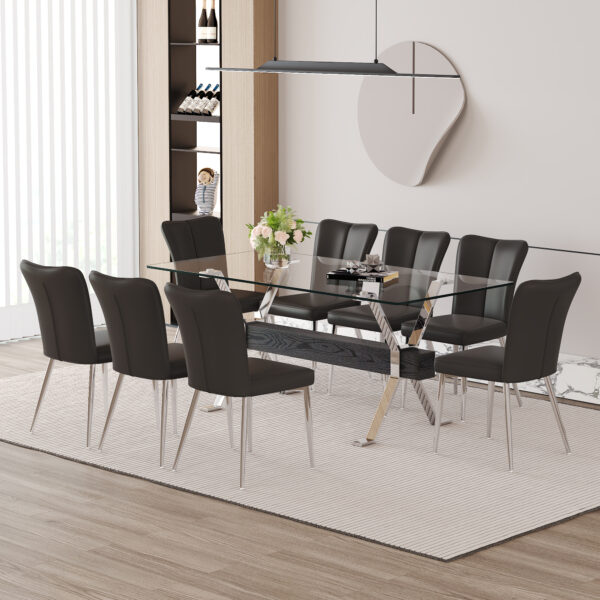 818d32e92f4d43f88df42187ea17f23c_21bf783b2fb25984b4fed2eb22e5c4e9 Table and chair set.Elegant Transparent Tempered Glass Dining Set - 71"x35.4" with 8 Black PU Chairs with a vertical stripe design on the backrest.