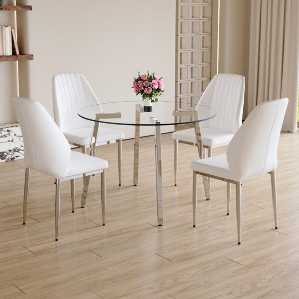 81939367cbf74671a09431d3d8dd2ed7_ae428a403b14462cd5c4bc16109221bb Table and chair set.Modern circular transparent tempered glass table, tempered glass tabletop, silver metal table legs.A Set of 4 White PU Comfort Dining Chairs with extended backrest.