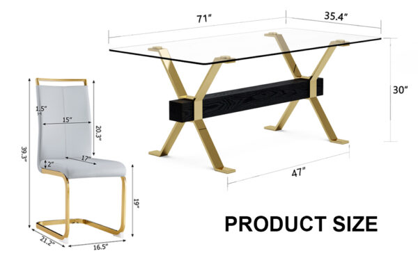 819b788057024e88b95483c79dd3b2c2_a9160254b6b6d831e0ddda2b42e90179 Table and chair set.Elegant Transparent Tempered Glass Dining Set - 71"x35.4" with 8 Light Gray PU Chairs with golden C-tube metal leg.X-shaped Golden Metal Table Legs,Black Textured MDF Crossbeam.