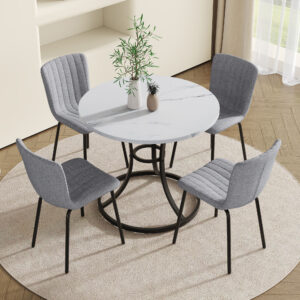 Table and chair set.A Modern Minimalist Circular Dining Table With A Diameter Of 33.3 Inches.Paired With 4 High Quality Light Gray Dining Chairs Made Of Linen Fabric.Iron pipe spraying Legs.